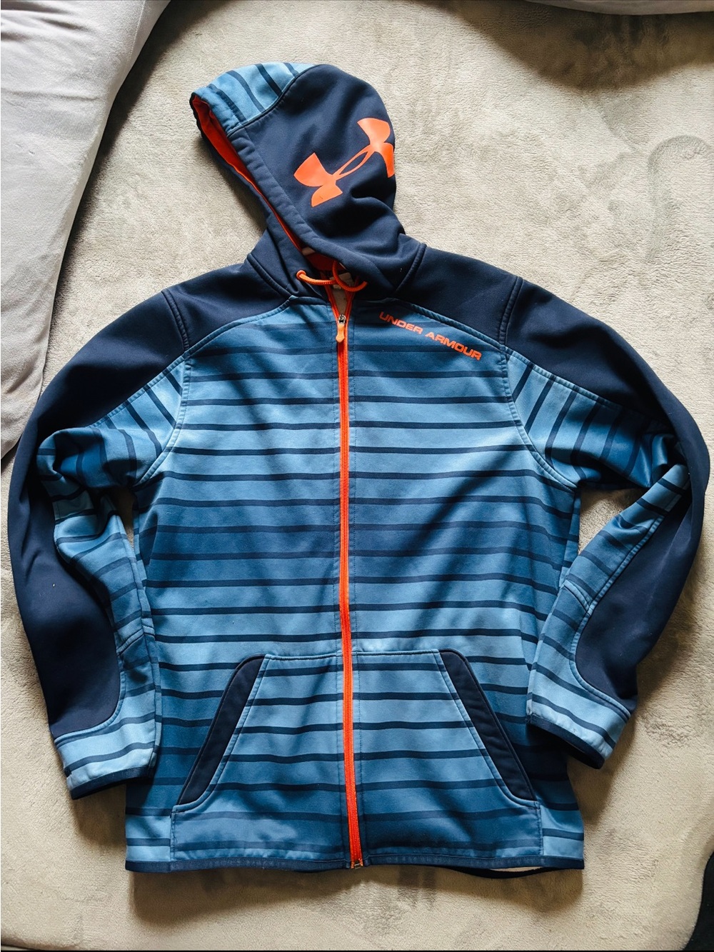 Under Armour Men’s Blue Striped Hooded Jacket with Orange Accents